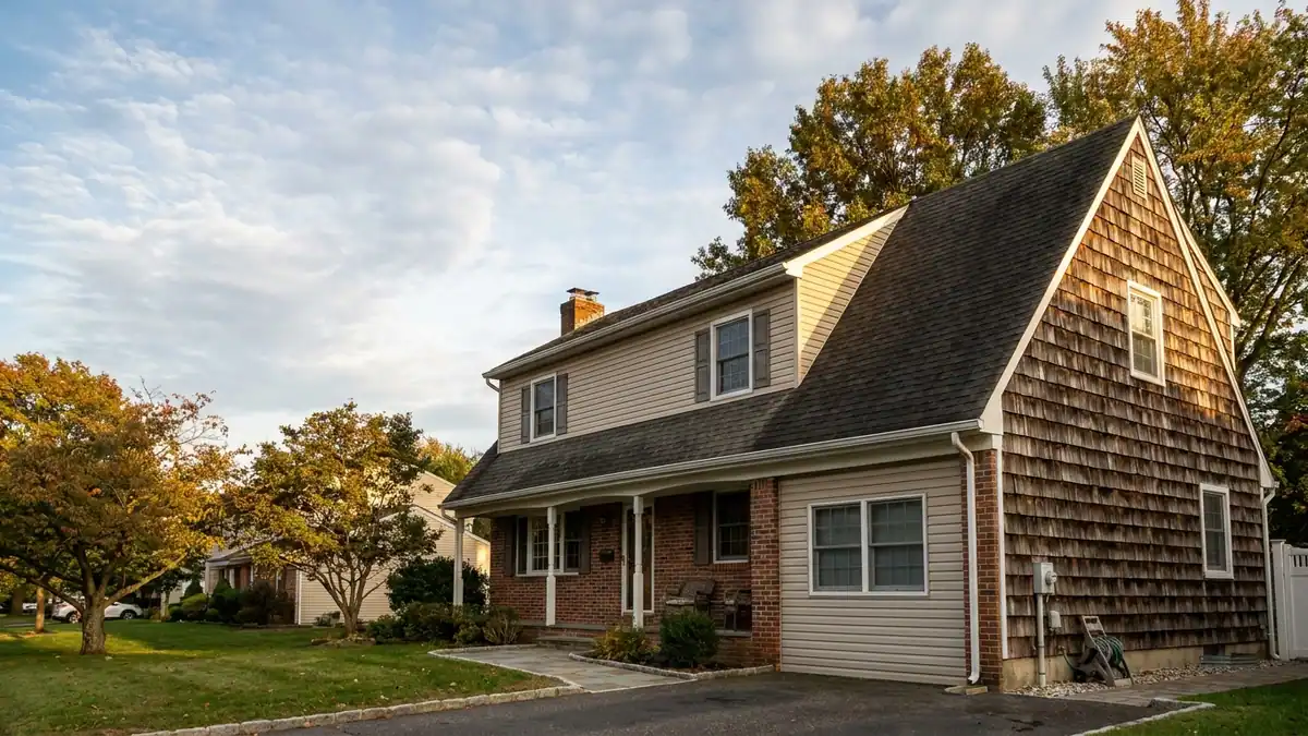 Two-story home photographed from the front lawn, a steep main gable roof meeting a lower shallow porch roof, late afternoon light raking across the shingles