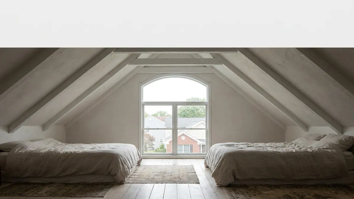 Bright bedroom with a sloped plaster cathedral ceiling, white-painted exposed beams and daylight coming in through a gable window