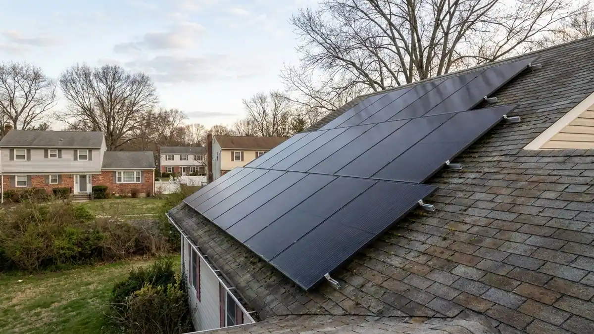 Suburban asphalt shingle roof in morning light with an array of dark solar panels mounted across one slope and aged shingles visible around the edges of the array