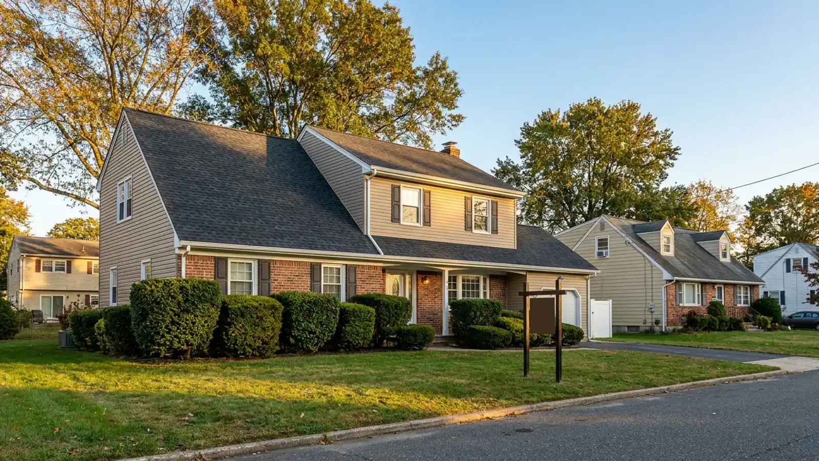 Front elevation of a two-story colonial home with a newer charcoal asphalt shingle roof, trimmed hedges and an empty yard post in late-day light