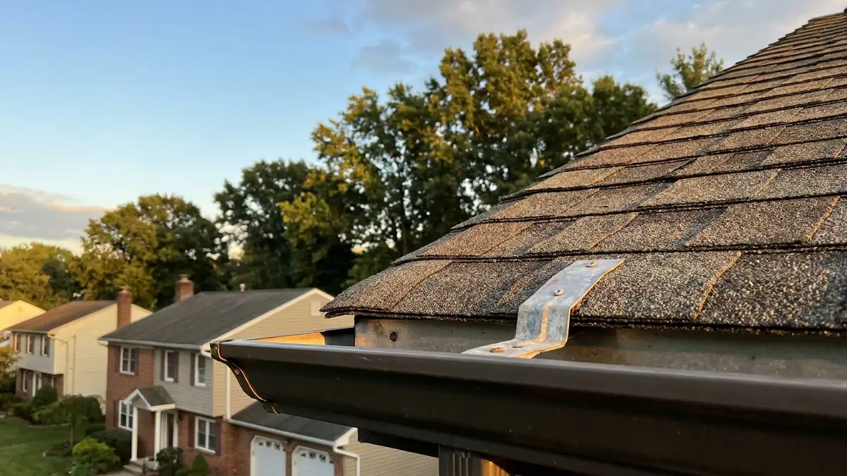 Close-up of a residential roof eave in late-day sunlight showing a small metal mounting bracket fastened near the aluminum gutter with asphalt shingles above