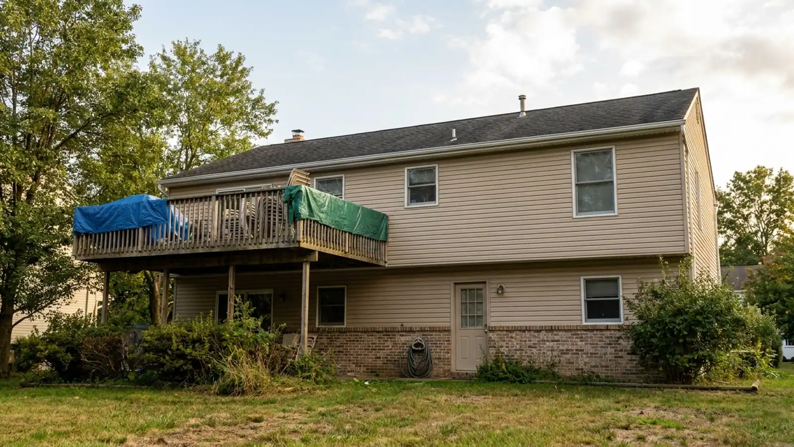 Rear of a two-story house in late afternoon light with a large wooden deck under the eave, patio furniture, protective tarps draped over the deck railing, and the asphalt shingle roof edge above