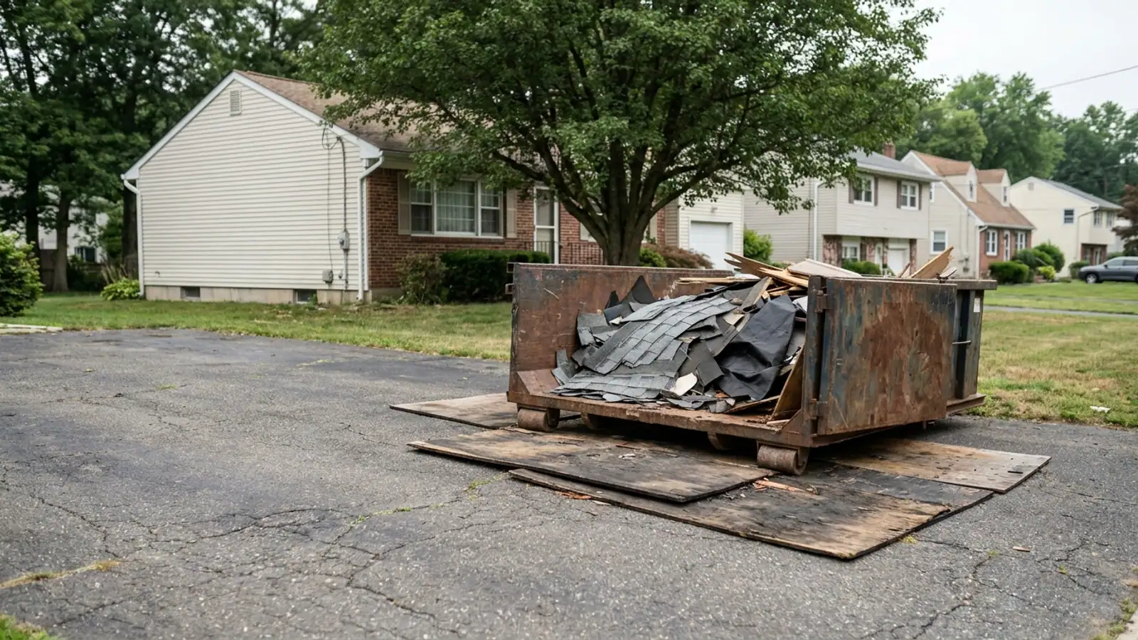Roll-off dumpster set on plywood sheets in a residential driveway, partly filled with torn-off gray shingles and old underlayment, house and lawn behind in early morning light