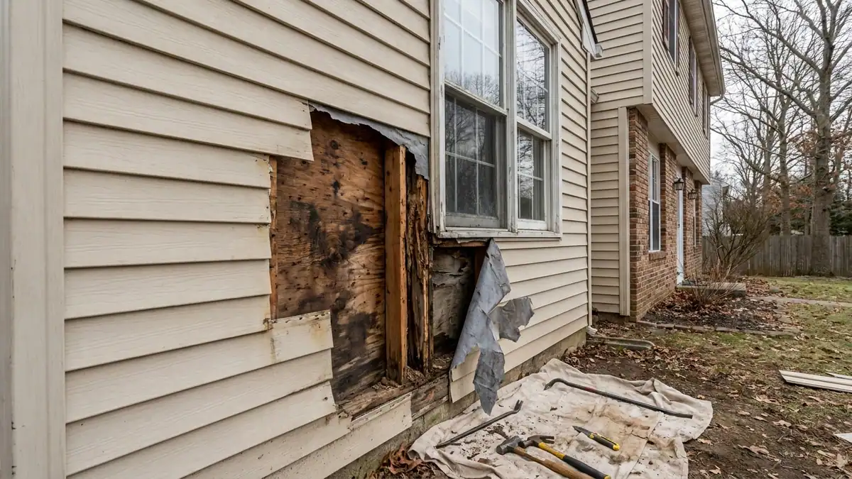 Section of vinyl siding removed from a house wall showing darkened water-stained sheathing and peeled-back house wrap near a window corner
