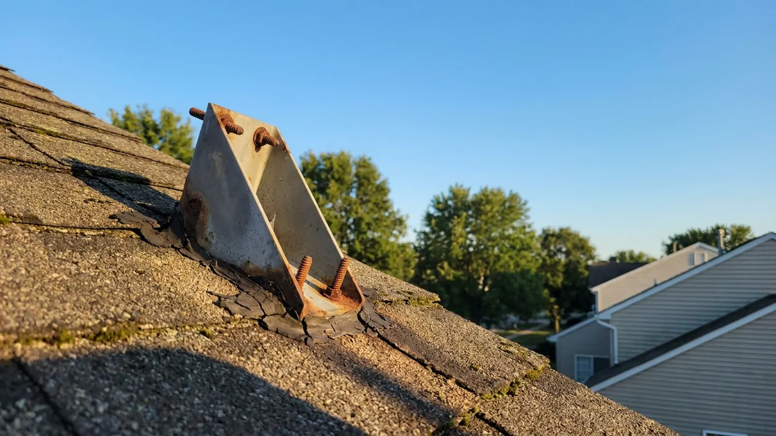 Older satellite dish bracket lag-bolted to the edge of an asphalt shingle roof in late afternoon light, cracked sealant visible around the bolts and weathered shingles surrounding the mount