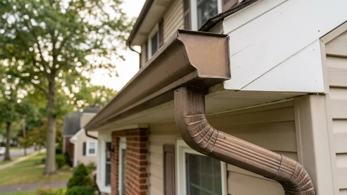 Close-up of a bronze seamless aluminum gutter and downspout with a mitered corner against white fascia trim and beige siding in afternoon light