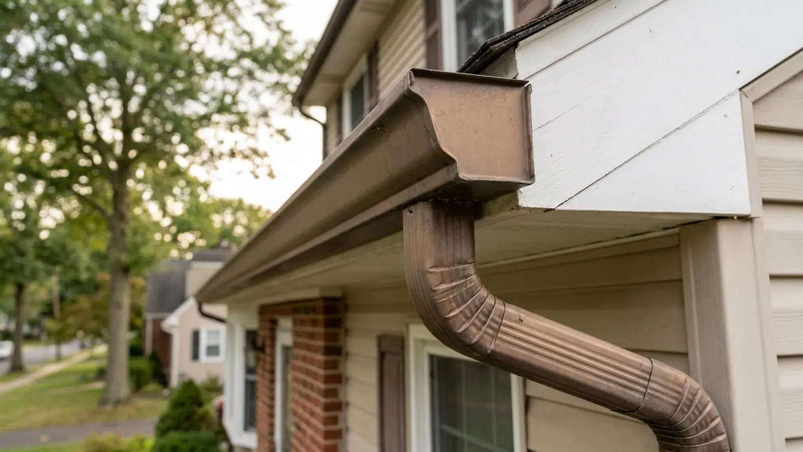 Close-up of a bronze seamless aluminum gutter and downspout with a mitered corner against white fascia trim and beige siding in afternoon light