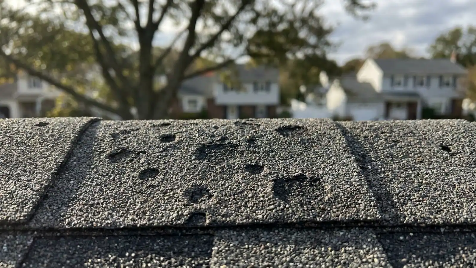 Close-up of a weathered gray architectural asphalt shingle in raking sunlight showing small round pockmarks where granules are missing and dark asphalt is exposed