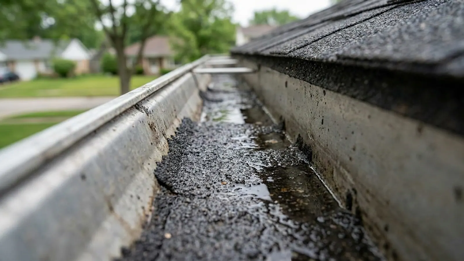 Overhead close-up looking down into an open aluminum gutter trough holding dark shingle granules and shallow rainwater, with the edge of the shingle course visible along one side