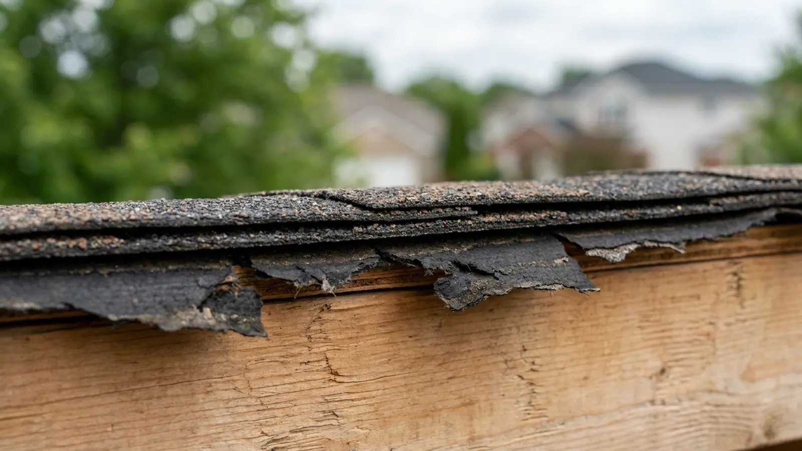 Close-up of a cut edge of roof decking showing two stacked layers of old asphalt shingles above plywood with torn felt paper visible between them