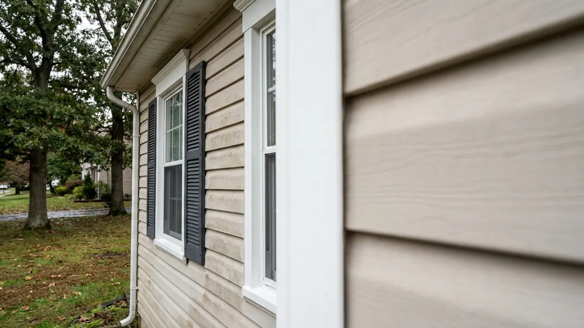 Exterior corner of a house showing faded vinyl siding beside freshly painted white window trim and a dark shutter in soft overcast daylight
