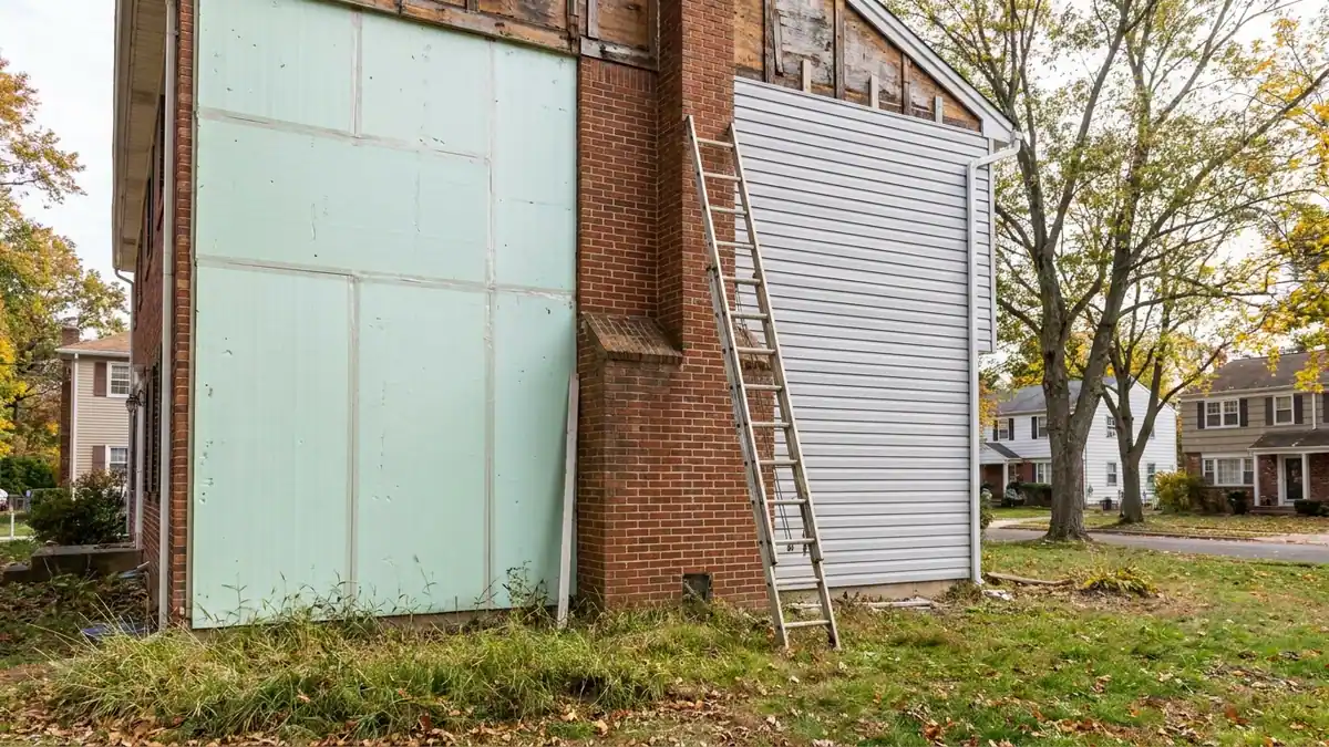 House wall mid-installation with one section covered in rigid foam insulation board and the adjoining section in new light gray vinyl siding panels, a ladder leaning at the edge under overcast daylight