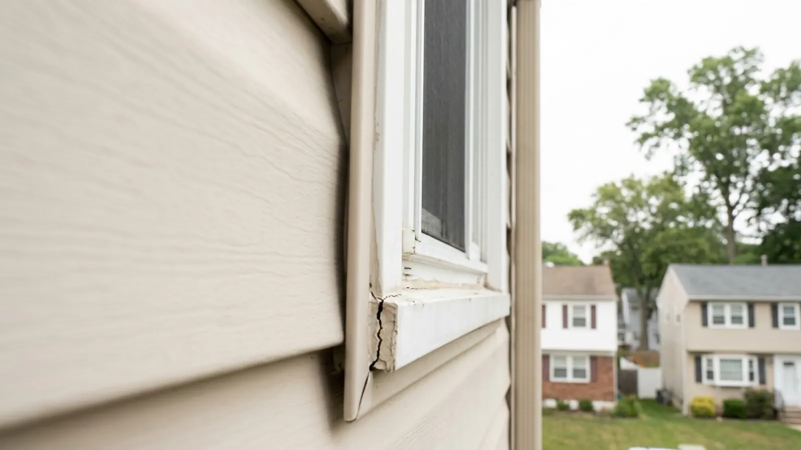 Close view of white vinyl siding meeting a white window casing with J-channel and corner trim visible, and a narrow open gap where the caulk joint at the sill has pulled apart