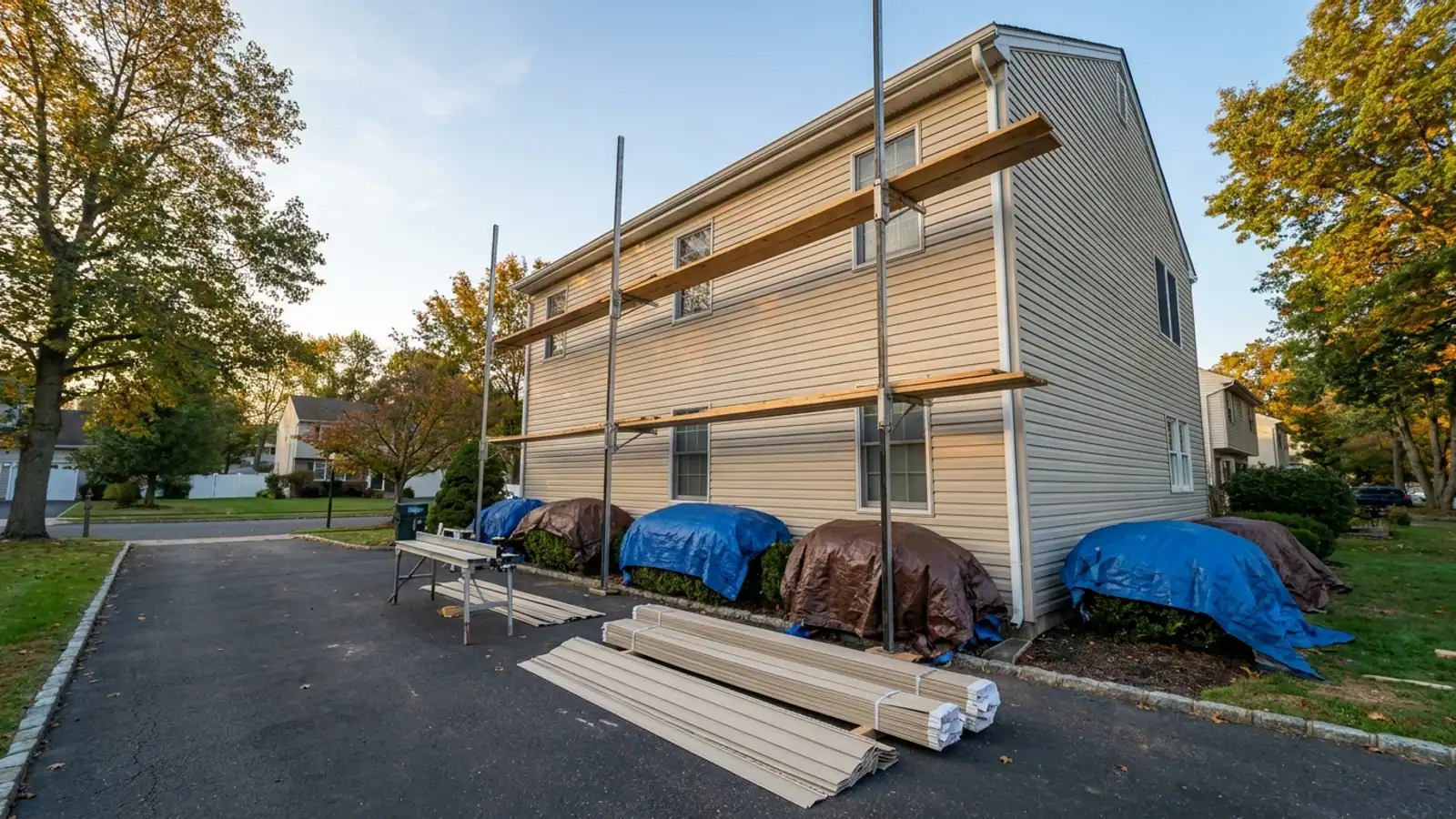 Two-story suburban home with scaffold planks along one side wall, bundles of new vinyl siding and a metal brake table set up on the driveway, and tarps laid over the shrubs in early morning light