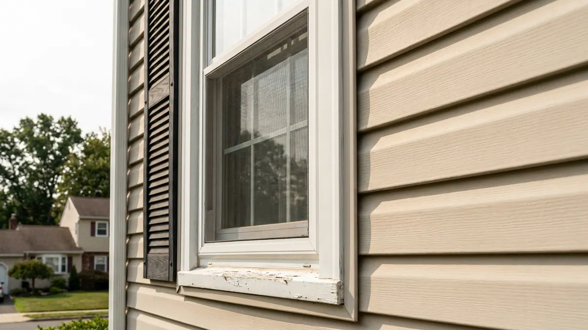 Close-up of a window on a vinyl-sided house showing aluminum-wrapped trim, J-channel and a dark shutter in crisp side light