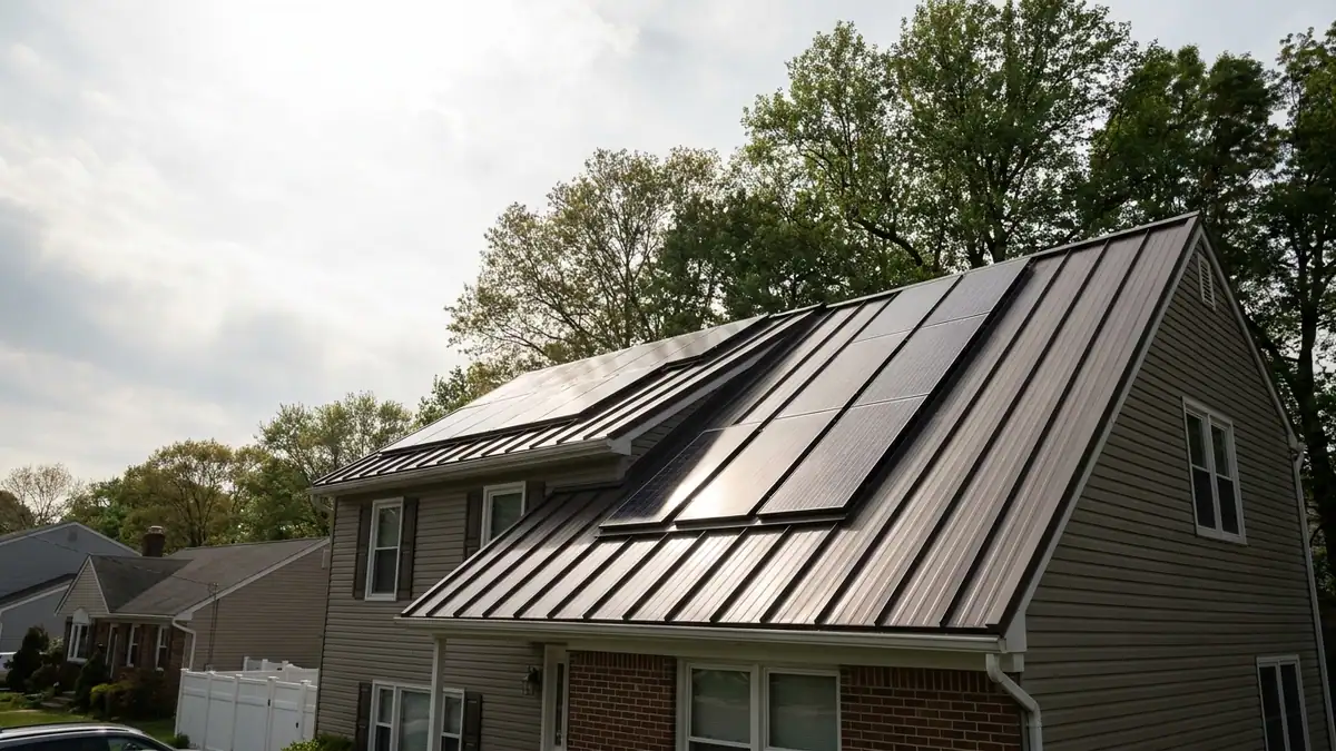 Dark bronze standing-seam metal roof on a suburban home with solar panels mounted flush along the vertical seams under a bright sky