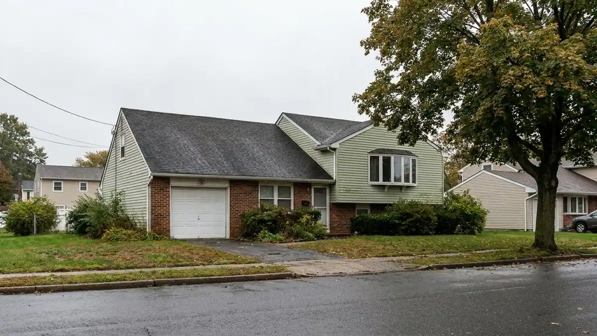 Street-level view of a split-level house with two offset roof planes meeting at a short wall, dark architectural shingles and an attached lower-level garage under an overcast sky