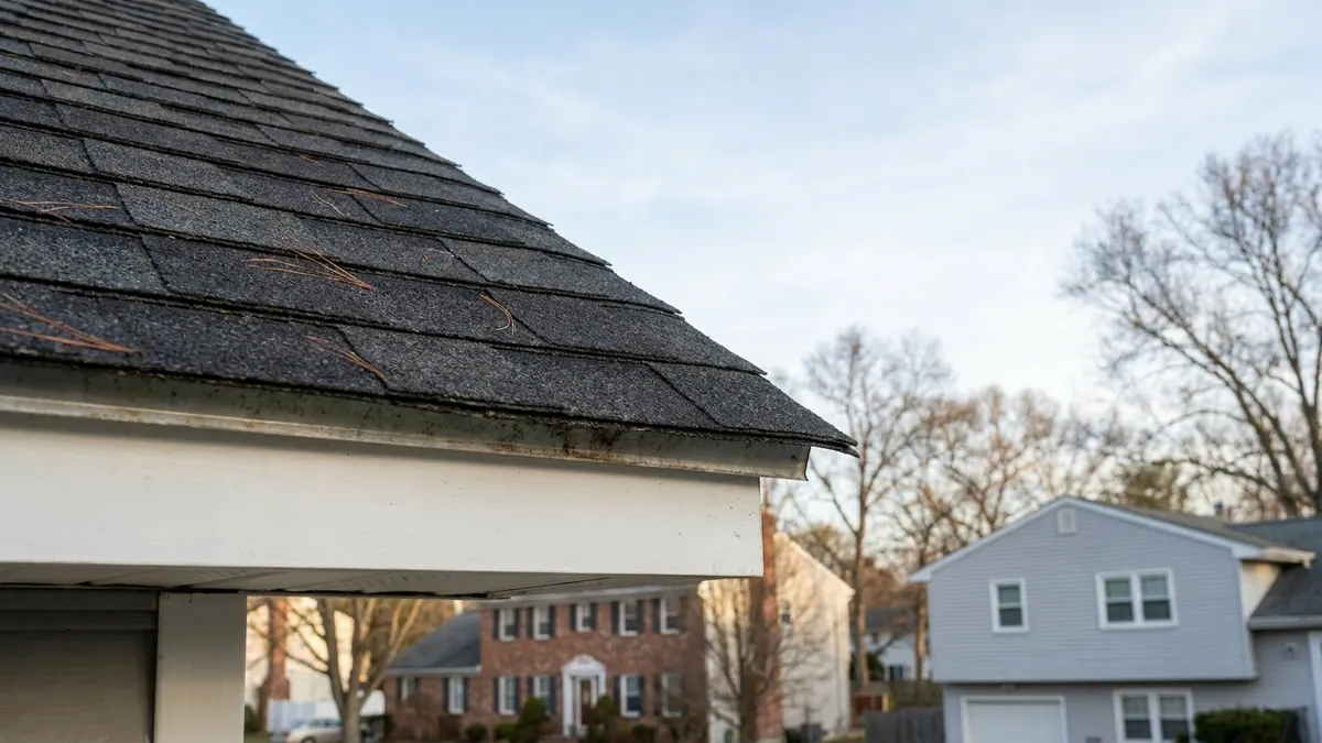 Close-up of the lower edge of an asphalt shingle roof at the eave, showing the first course of shingles and metal edge flashing above a white fascia in morning light