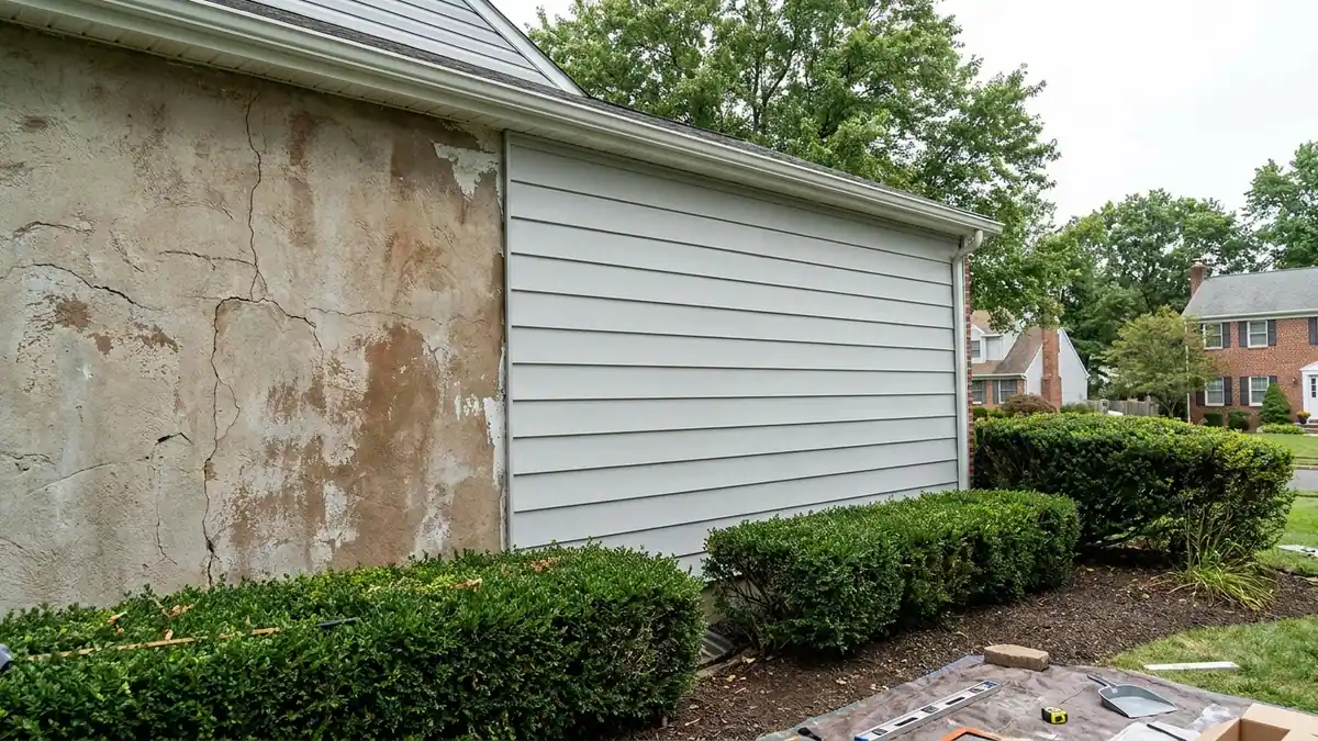 Exterior house wall where cracked and stained stucco meets a newly installed section of light gray lap siding, with trimmed hedges below and clear sky above