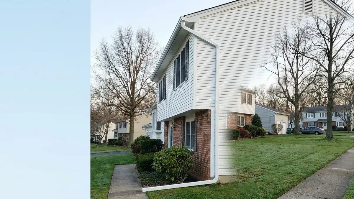 Corner of a two-story colonial home with new white seamless aluminum gutters and a downspout running the full height of the wall, green lawn and foundation shrubs below in morning light