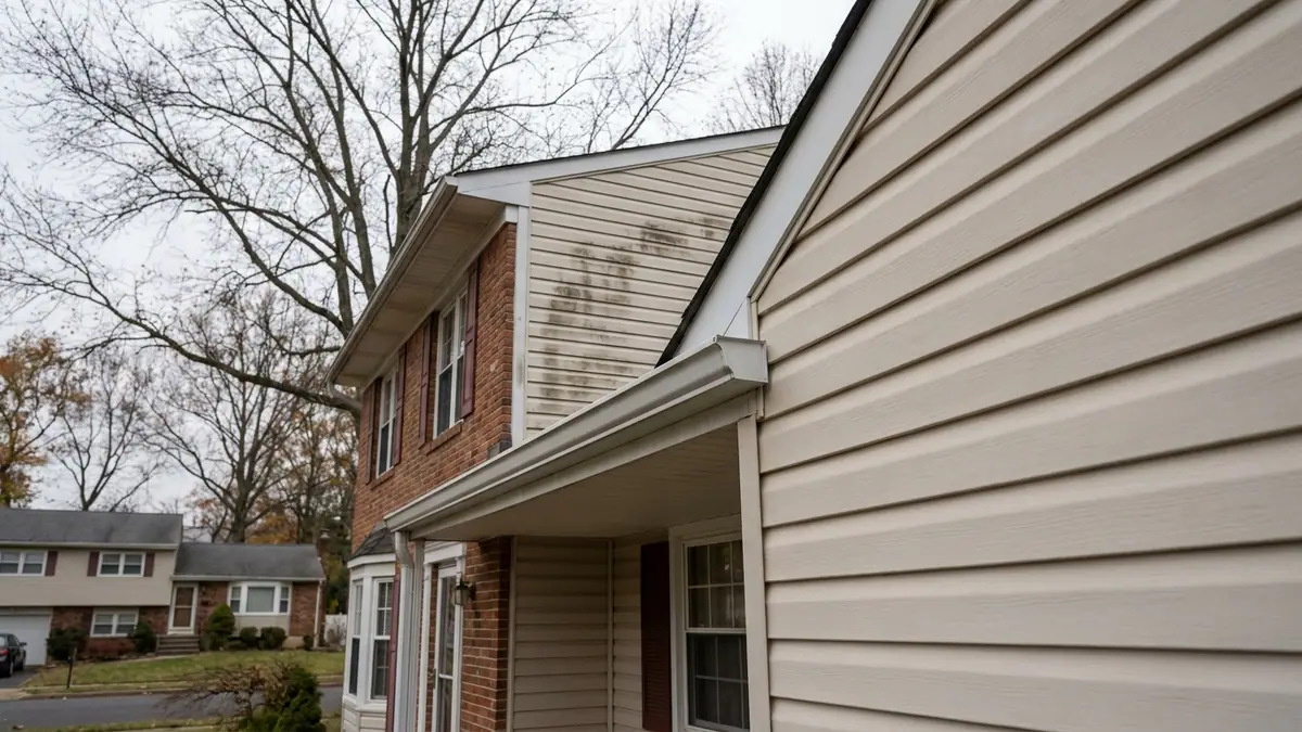 Upper roof eave on a two-story house with no gutter installed, dark water staining running down the siding below it, and an aluminum gutter on the lower eave
