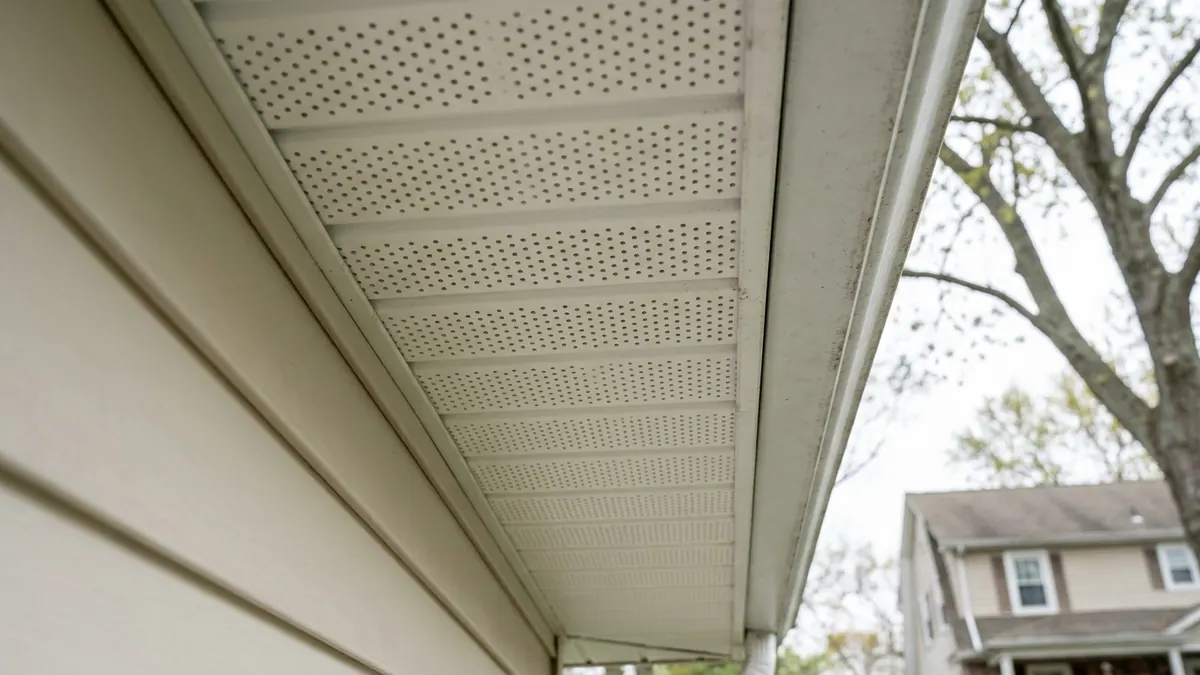 Upward close-up of white perforated vinyl soffit panels meeting an aluminum fascia under a roof eave in daylight, ventilation holes clearly visible