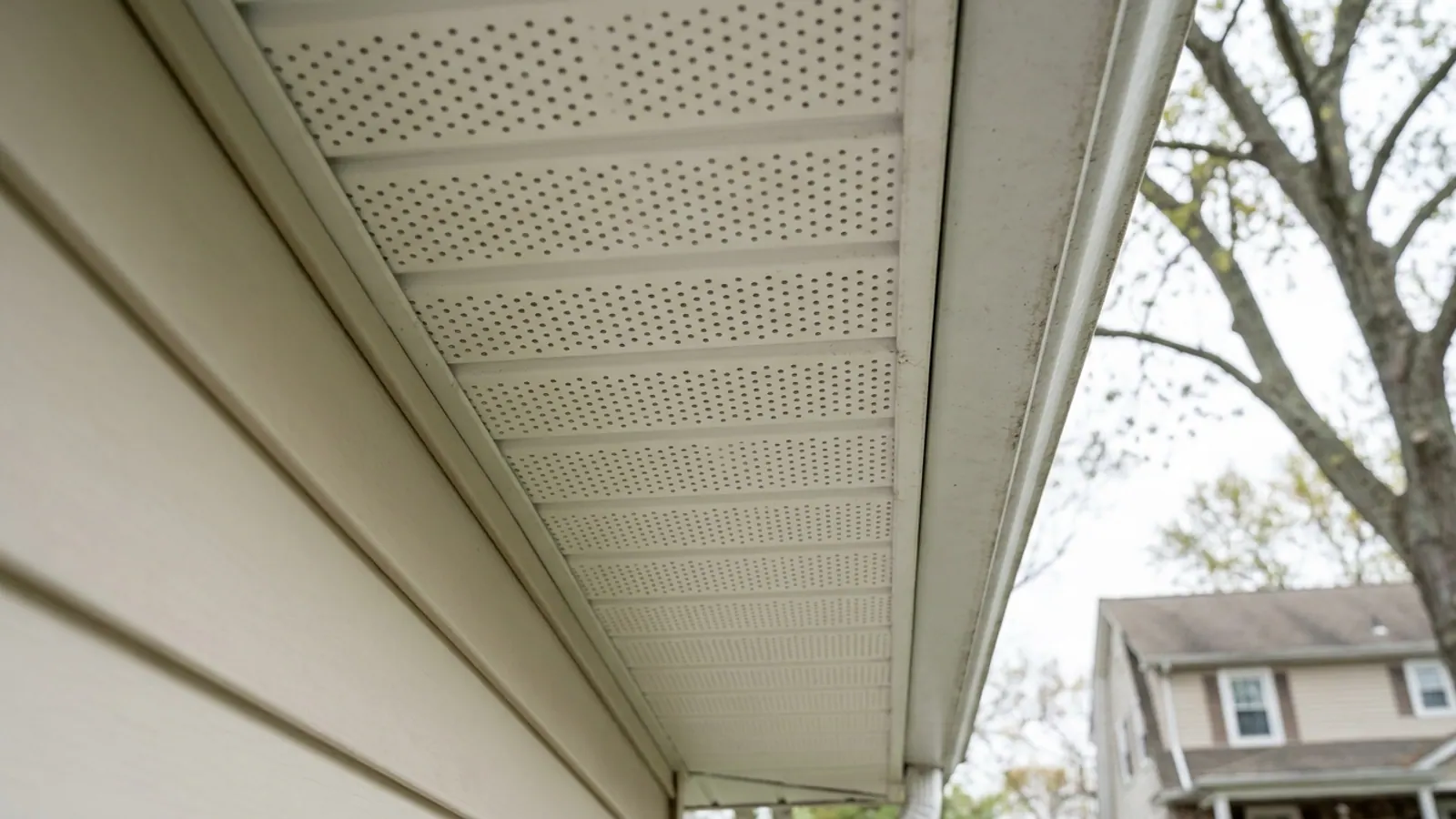 Upward close-up of white perforated vinyl soffit panels meeting an aluminum fascia under a roof eave in daylight, ventilation holes clearly visible