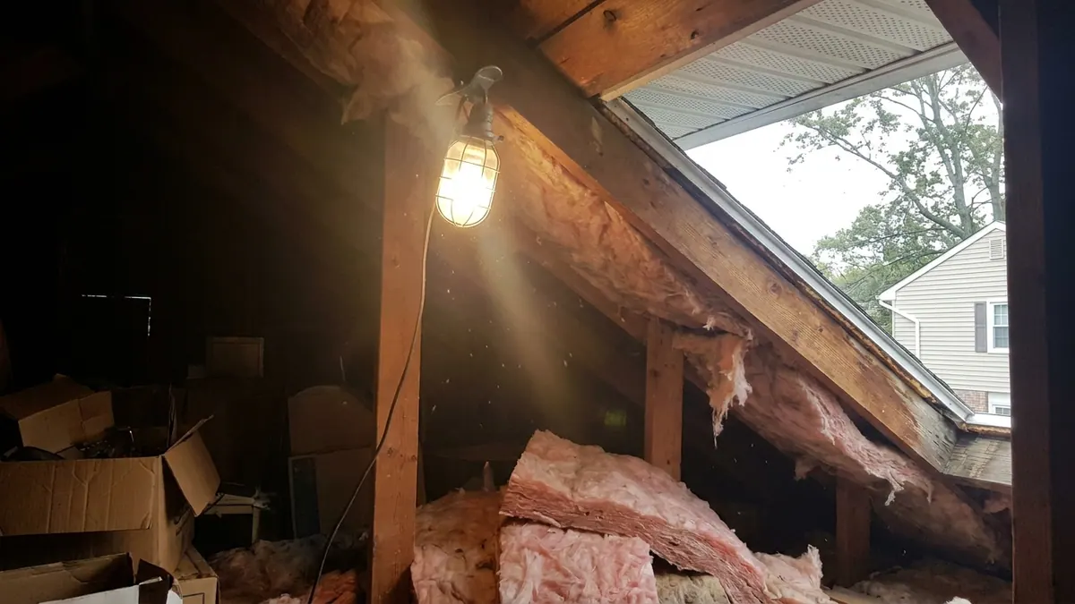 Attic interior lit by a single work light showing rafters, fiberglass batt insulation, a baffle channel at the eave and daylight visible through the soffit vent