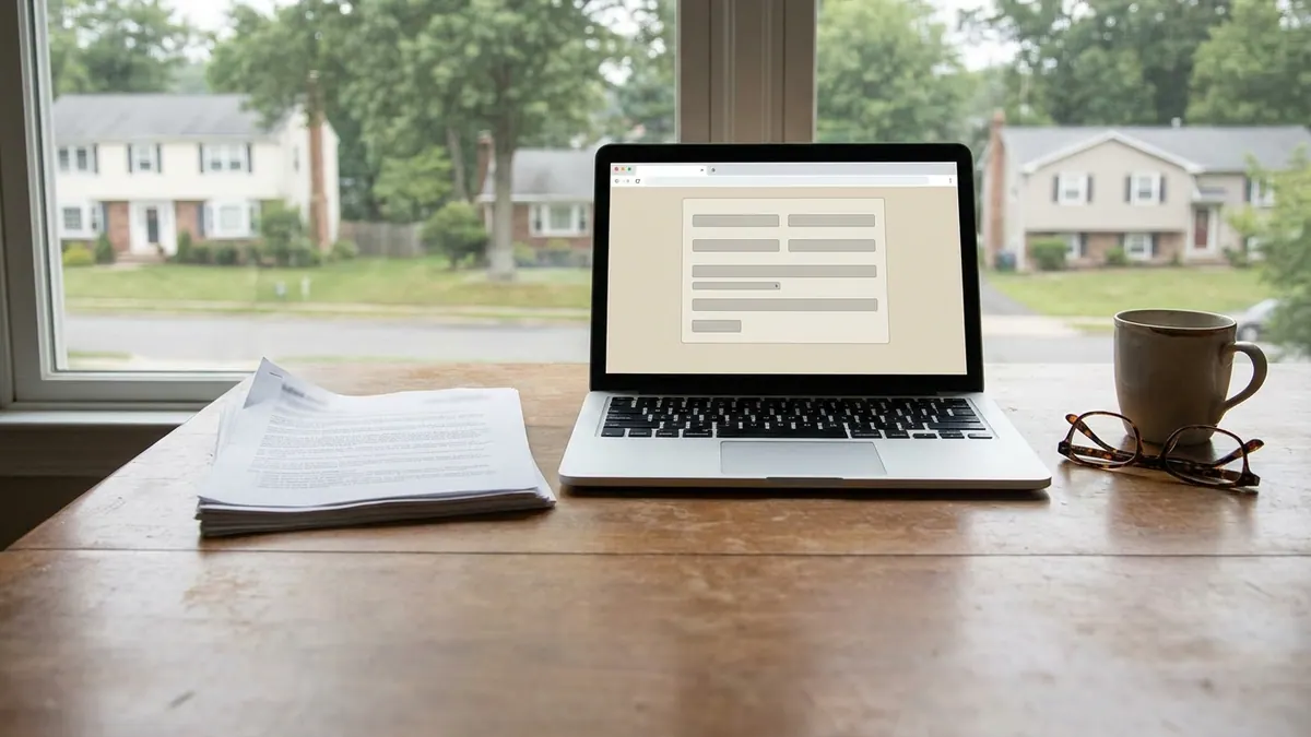 Homeowner's desk viewed from above with an open laptop, a stapled printed contract, reading glasses and a coffee mug on a clear wood surface in soft window light