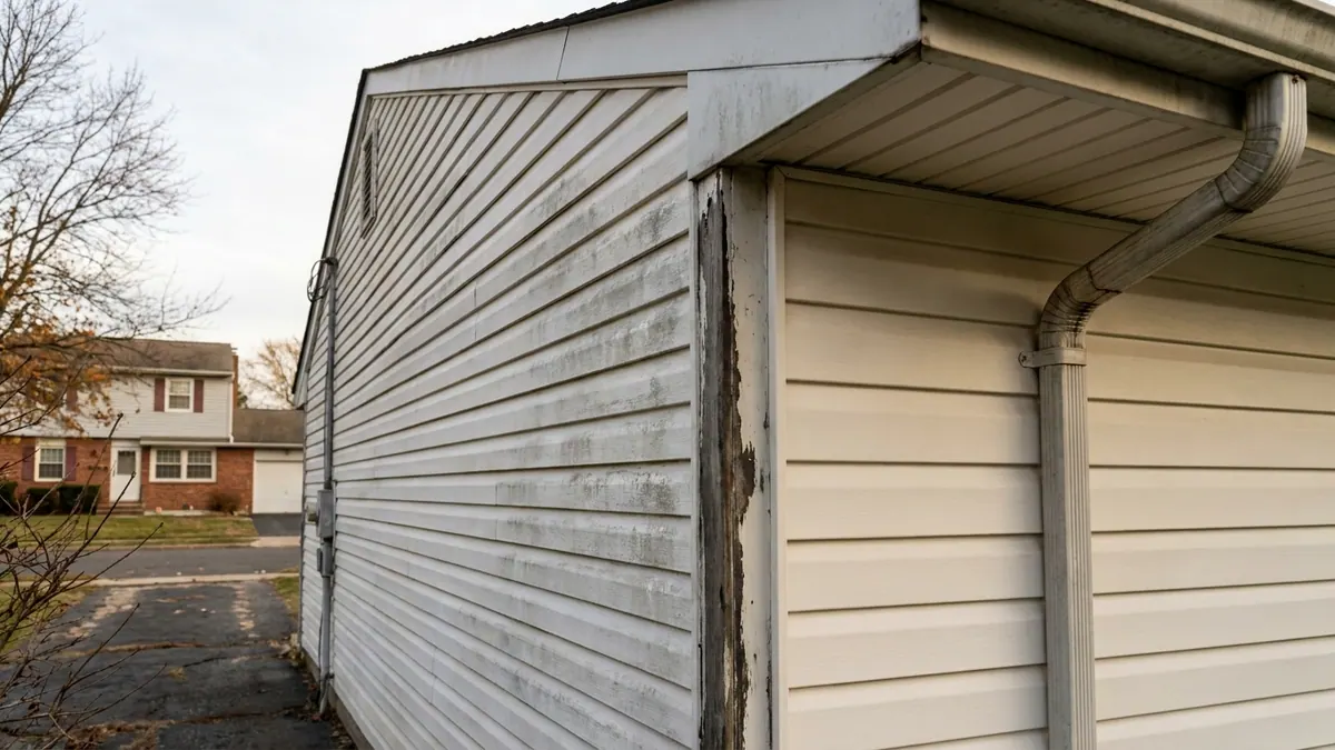 Aged white vinyl siding on a house wall in late-afternoon light