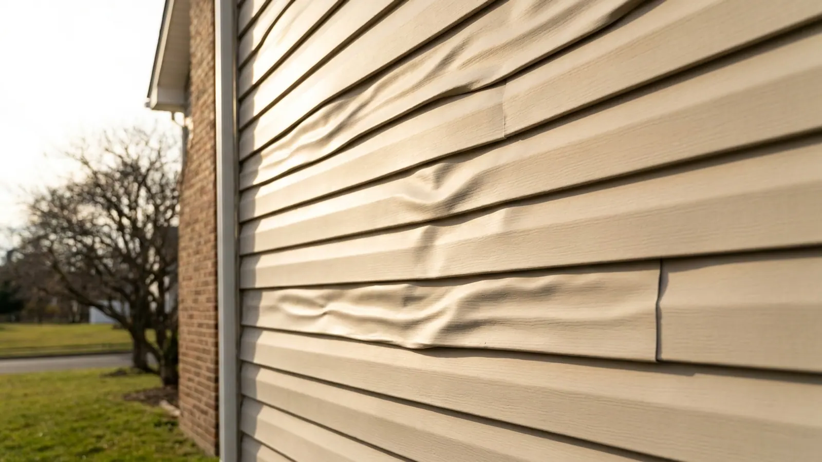 Close-up of a beige vinyl siding wall where several courses have buckled into visible waves between studs in raking sunlight
