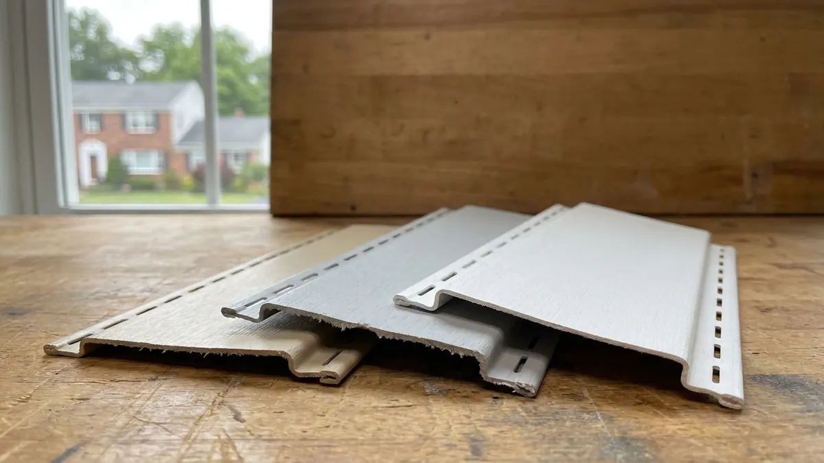 Close-up of three cut ends of vinyl siding panels of visibly different thicknesses fanned across a clean wood workbench in soft daylight, nail hems and panel edges in sharp focus