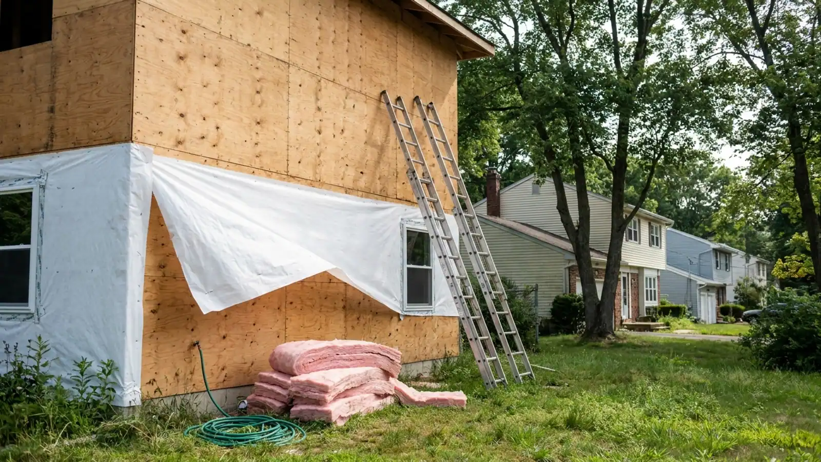 Two-story exterior wall stripped to plywood sheathing with house wrap partly stapled in place, insulation rolls on the lawn and ladders leaning against the wall in morning light