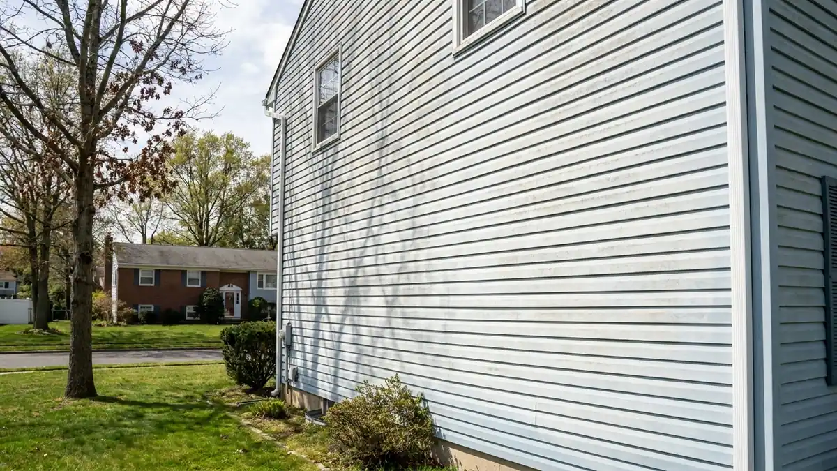 One full side wall of a suburban home clad in faded, chalked vinyl siding in clear daylight with crisp tree shadows across the panels