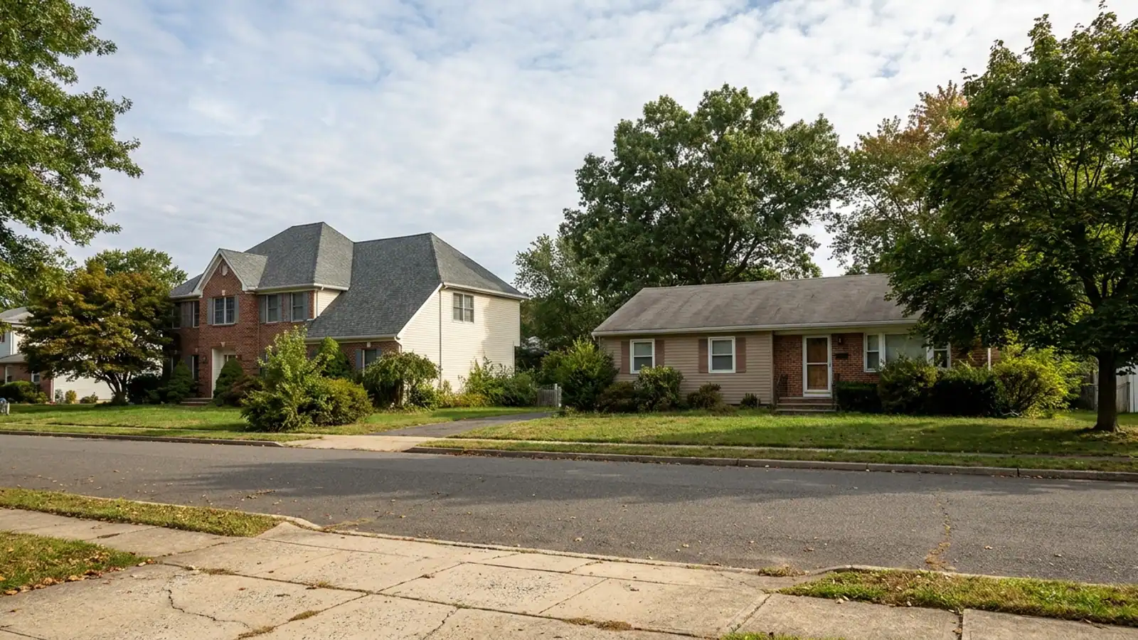 Two neighboring New Jersey houses seen from the street, one with a steep multi-gable shingle roof and one with a simple low-slope ranch roof, under open morning sky