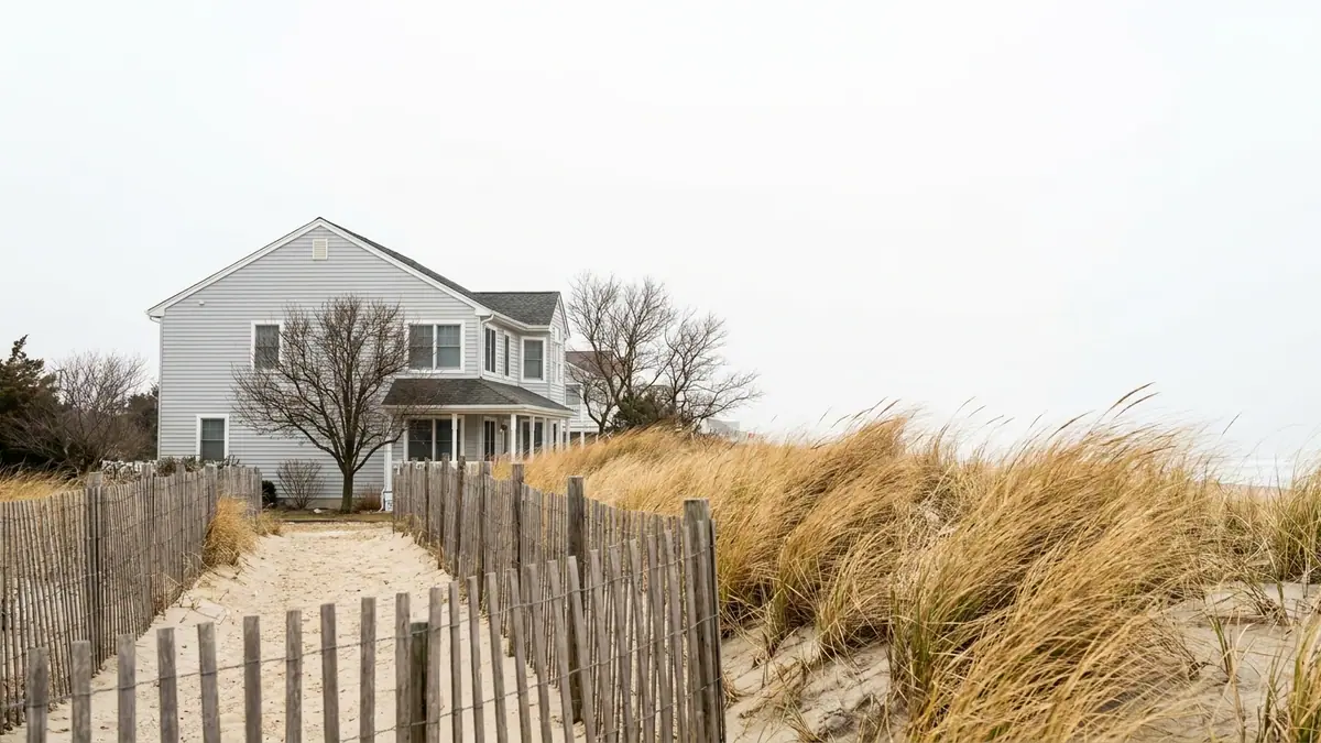 Two-story home with light gray vinyl siding behind beach grass and a dune fence, the grass bent over by onshore wind under a bright hazy sky