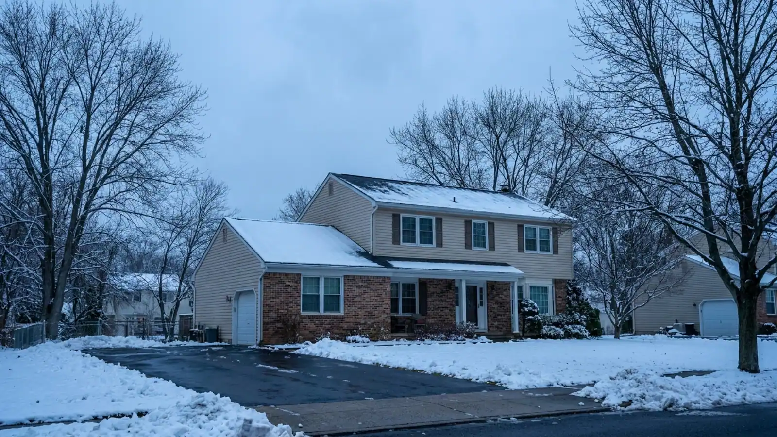 Two-story house with a light dusting of snow on an asphalt shingle roof, bare trees and a plowed driveway under an overcast winter sky