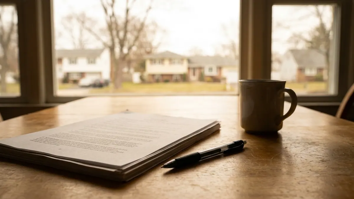 Printed multi-page contract and a pen resting on a kitchen table beside a mug in warm window light, page text out of focus