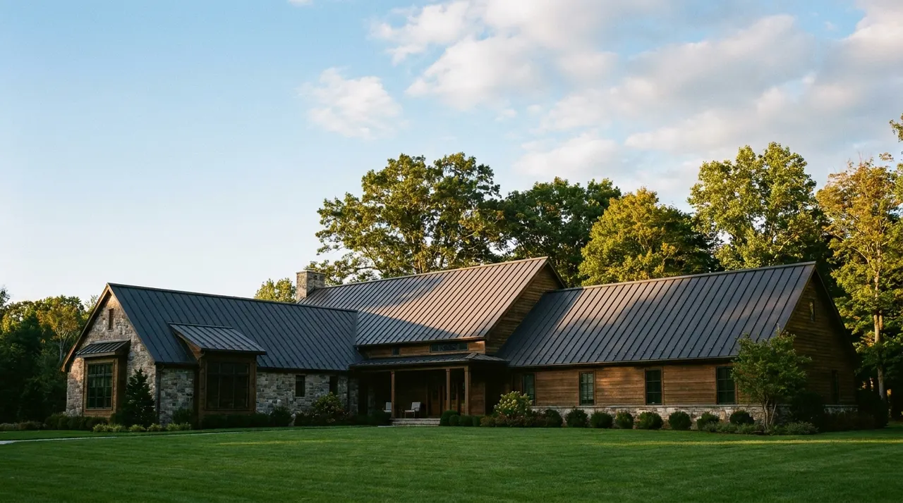 Standing seam metal roof panels with raised vertical seams on a residential roof